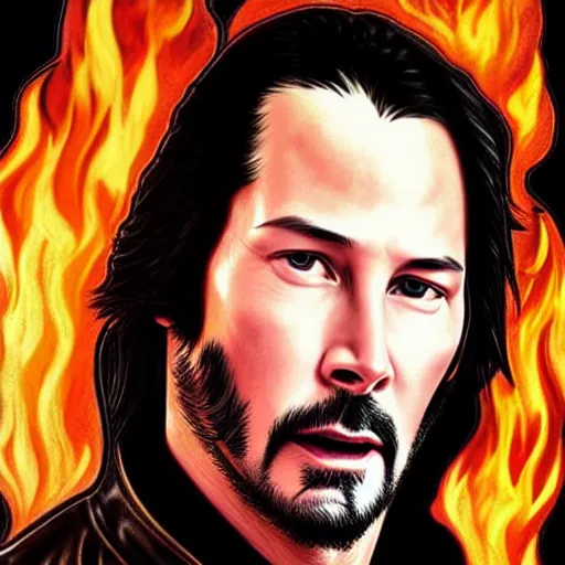 Image similar to handsome Keanu Reeves wearing a leather jacket on fire next to a flaming harley davidson, western, D&D, fantasy, intricate, elegant, highly detailed, digital painting, artstation, concept art, matte, sharp focus, illustration, art by Artgerm and Greg Rutkowski and Alphonse Mucha