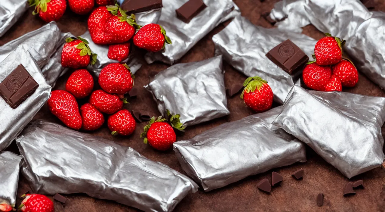 Prompt: A fancy chocolate bar in a silver wrapper, with one piece broken off, on a wooden tray, next to a pile of sliced strawberries, macro lens product photo