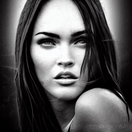 Image similar to double - exposure effect of megan fox face as beautiful mountains, in the style of dan mountford, amazing detail, black and white