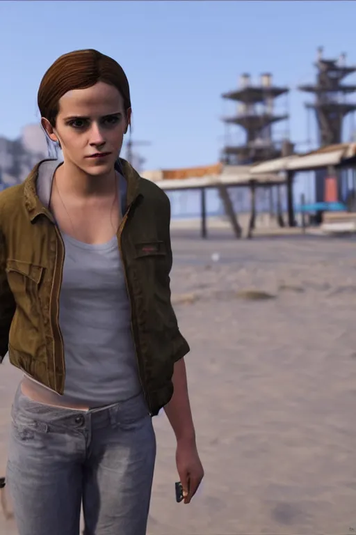 Prompt: Emma Watson as a GTA V NPC in vespucci beach, in game capture. 3D Render.