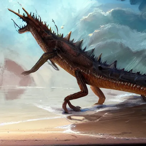 Image similar to a dying beached sea dragon washing up on the shore of a beach by jaime jones, cgsociety, fantasy art, concept art, artstation hd, deviantart hd. highly detailed. dramatic light. masterpiece