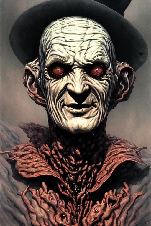 Image similar to portrait of freddy krueger in the style of wayne barlowe, gustav moreau, peter mohrbacher, bussiere, roberto ferri, santiago caruso, luis ricardo falero, frazetta