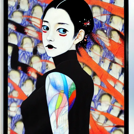 Image similar to yoshitaka amano blurred and dreamy realistic three quarter angle portrait of a young woman with black lipstick and black eyes wearing dress suit with tie, junji ito abstract patterns in the background, satoshi kon anime, noisy film grain effect, highly detailed, renaissance oil painting, weird portrait angle, blurred lost edges