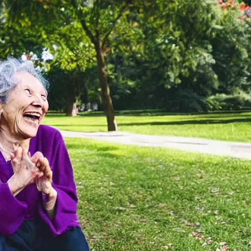 Image similar to an old woman laughing in a park. she has a thin translucent oxygen tubing under her nose