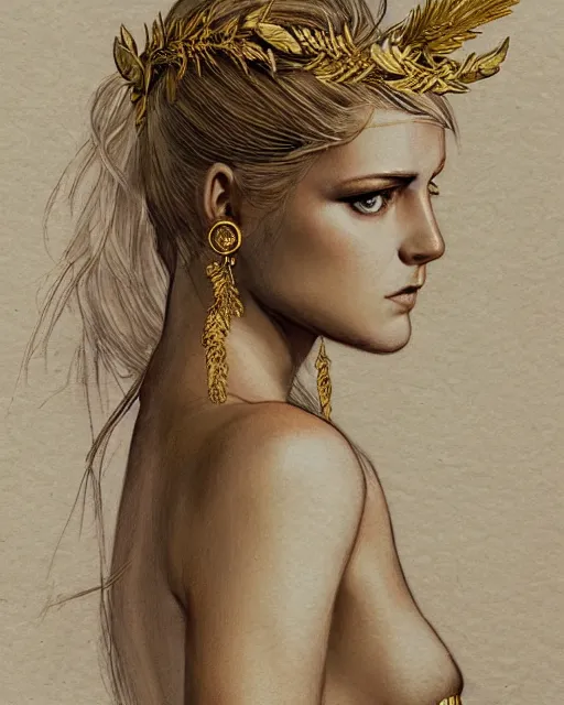 Image similar to front view of beautiful aphrodite greek goddess wearing a gold laurel wreath and triangle earrings, realism tattoo sketch, beautiful piercing eyes with sharp pupils, beautiful blonde hair, in the style of greg rutkowski, fantasy, amazing detail, epic, elegant, smooth, sharp focus