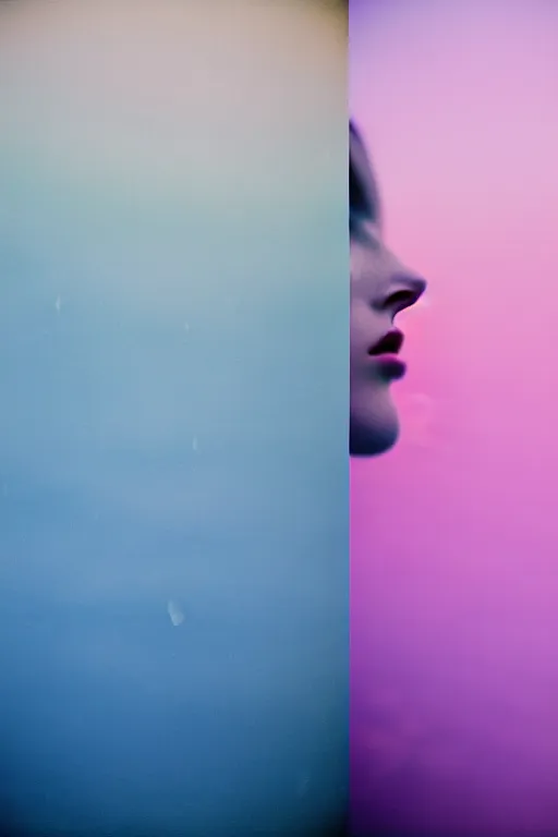 Image similar to high quality pastel coloured film close up wide angle photograph of a model wearing clothing swimming on cloud furniture in a icelandic black rock!! environment in a partially haze filled dreamstate world. three point light, rainbow. photographic production. art directed. pastel colours. volumetric clouds. pastel gradient overlay. waves glitch artefacts. extreme facial clarity. 8 k. filmic.