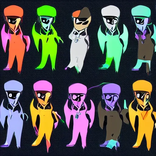 Image similar to official character sheets for a new laid back vampire squid character, artwork in the style of splatoon from nintendo, art by tim schafer from double fine studios, edgy original character color palette from the early two thousands, black light, neon, spray paint, punk, tall thin frame, adult character, fully clothed, colorful