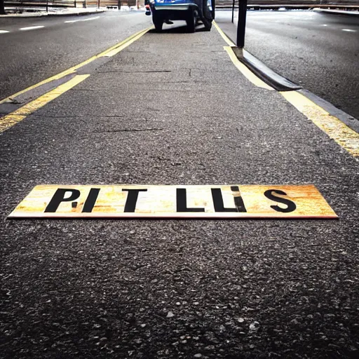 Image similar to Photorealistic photo of pits on the pavement, each pit contains a wooden sign with an inscription, smartphone photo, photo in the center of the road, realism, high quality, sunlight, 4k, beautiful, modern photography, color image