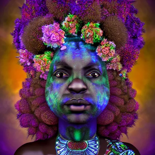 Image similar to african shaman with an afro made of flowers, third eye art art by machina infinitum, complexity from simplicity, rendered in octane, mandelbulb 3 d, ambient occlusion, macro photography, black opal