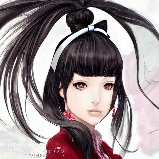 Image similar to luxury advertisement, astonishing portrait of a very beautiful anime high-school girl with black hair ponytail, white ribbon, full perfect face, realistic, highly detailed background, artstation, 120 degree view, drawn by Sasoura, Satchely and Akihiko Yoshida, no distortion