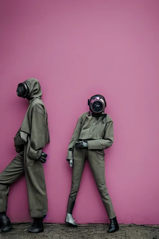 Image similar to a surreal portrait of intertwined and contorted figures wearing gas mask next to a pink wall in the style of brooke didonato, editorial fashion photography from vogue magazine, full shot, nikon d 8 1 0, ƒ / 2. 5, focal length : 8 5. 0 mm, exposure time : 1 / 8 0 0, iso : 2 0 0