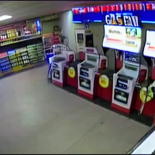 Prompt: A robbery at a gas station. Security camera footage, grainy, low quality.