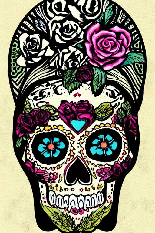 Prompt: illustration of a sugar skull day of the dead girl, art by hunter s thompson