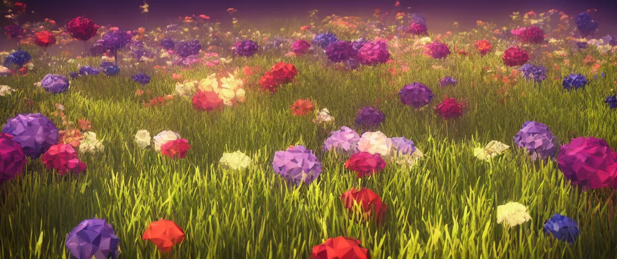 Image similar to 3 d render low poly art, flowers, field of dreams, unreal engine, dreamy, bokeh