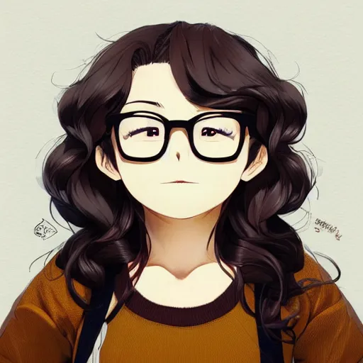 Prompt: An anime portrait of a chubby, plus-sized, beautiful happy Latina woman with shoulder-length curly dark brown hair, brown eyes, normal nose, glasses, wearing a sweater, by Stanley Artgerm Lau, WLOP, Rossdraws, James Jean, Andrei Riabovitchev, Marc Simonetti, and Sakimi chan, trending on artstation