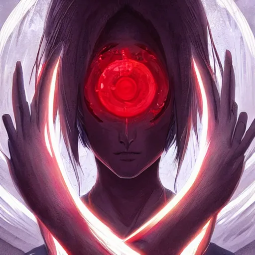 Image similar to itachi uchiha, red glowing eyes, intricate, elegant, highly detailed, digital painting, artstation, concept art, smooth, sharp focus, illustration, art by artgerm and greg rutkowski and alphonse mucha