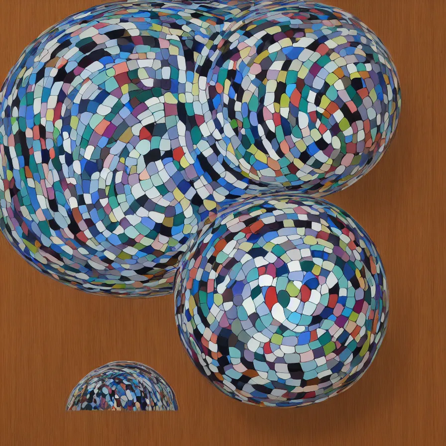 Image similar to beautiful gallery show studio photograph of a giant realistic ceramic sculpture of a round cat!!!!!, glazed by bridget riley and victor vasarely, placed on a polished wooden table, colorful hyperrealism 8 k trending on artstation