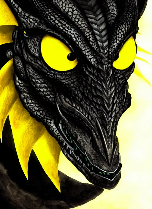 Image similar to closeup portrait of black dragon head with yellow eyes, ultra realistic, fantasy, magic, dnd,