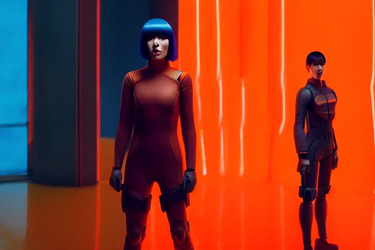 Prompt: major motoko wearing an orange prison jumpsuit, a giant blue hologram of a screaming child in the background, photography by fred palacio medium full shot still from bladerunner 2 0 4 9, sci fi, bladerunner, canon eos r 3, f / 3, iso 2 0 0, 1 / 1 6 0 s, 8 k, raw, unedited