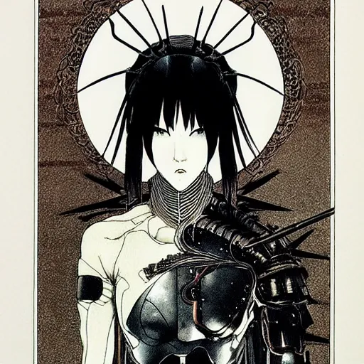 Prompt: prompt : black and white portrait soft light painted by takato yamamoto, enhanced armor, inspired by ghost in shell anime, smooth face feature, intricate oil painting, high detail, sharp high detail, manga and anime 1 9 8 0