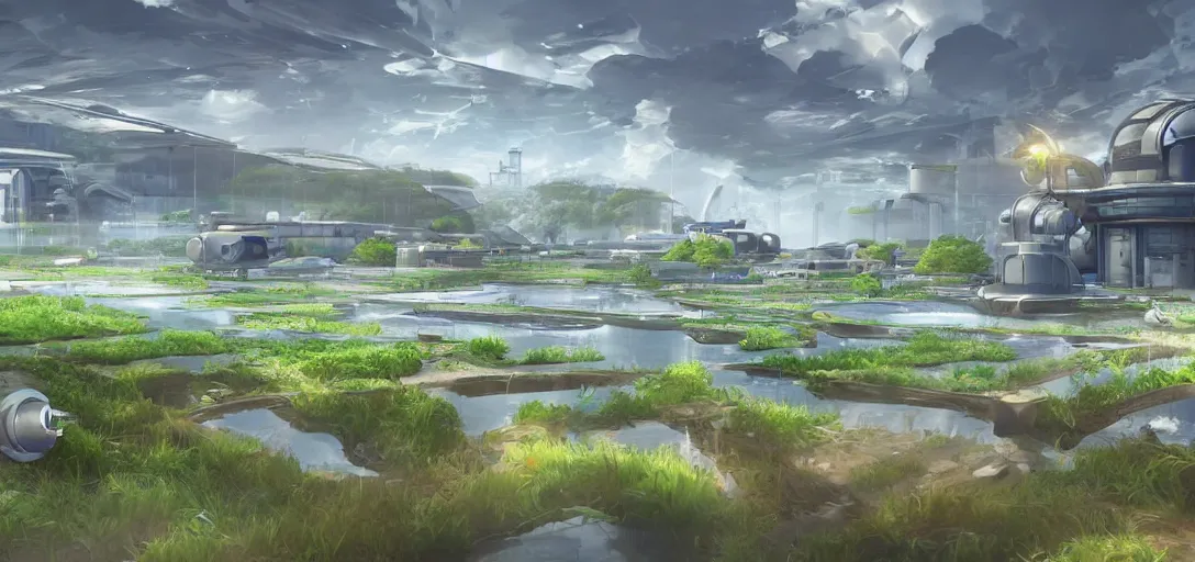 Prompt: a futuristic laboratory built into a farm, flooded fields of water as far as the eye can see, overwatch style, anime inspired, 2d art concept, beautiful render, peaceful, early morning