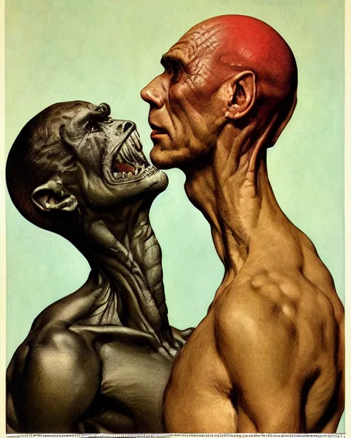 Image similar to upper body and head portrait of lizard man, by norman rockwell, roberto ferri, daniel gerhartz, edd cartier, jack kirby, howard v brown, ruan jia, tom lovell, frank r paul, jacob collins, dean cornwell, 5 0 s pulp scifi fantasy illustration