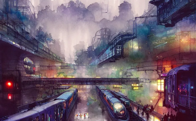 Image similar to an urban train rides inside of a waterway on a fantasy city. intricate, amazing composition, colorful watercolor, by ruan jia, by maxfield parrish, by marc simonetti, by hikari shimoda, by robert hubert, by zhang kechun, illustration, gloomy