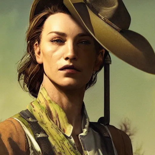 Prompt: fallout 5, charismatic beautiful, rugged, brunette female protagonist wearing a cowboy - hat, portrait, outdoors ruined rural town environment, atmospheric lighting, painted, intricate, volumetric lighting, beautiful, spring, sharp focus, warm deep colours, ultra detailed, by leesha hannigan, ross tran, thierry doizon, kai carpenter, ignacio fernandez rios