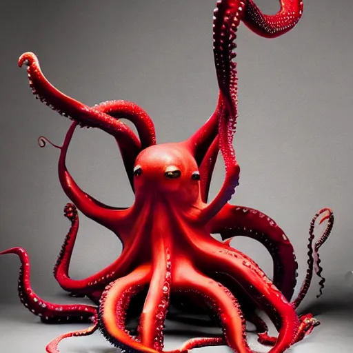 Prompt: a clean studio photography set, there is a bucket of red paint and it has just viciously exploded, there is paint EVERYWHERE, but not on the octopus, he is hiding, incredible beautiful ambient light