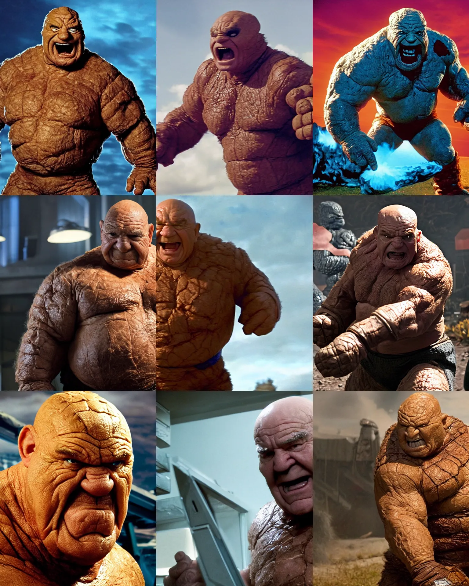 Prompt: Ed Asner starring as Ben Grimm, The Thing from The Fantastic Four Movie, battles the Thanos, Color, Modern