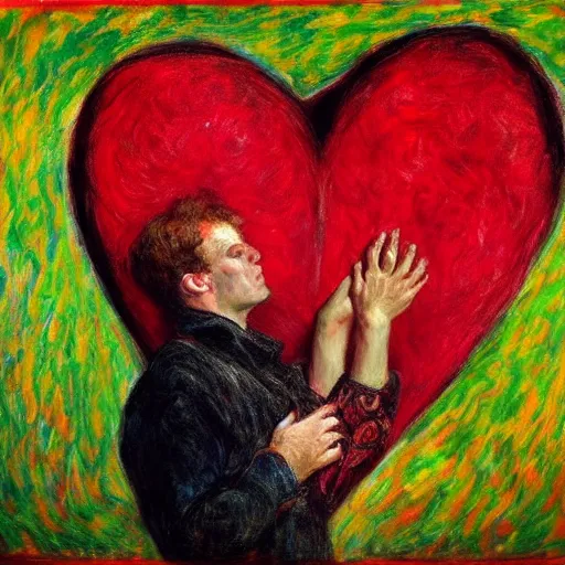 Image similar to a broken hearted lover holding his own heart ripped from own chest crying, pop, hyper realism, monet, vivid, light blood, romanticism