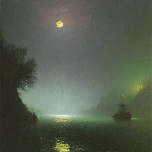 Image similar to nighttime painting, haunted eldritch gorge, greenish moonlight, in the style of ivan aivazovsky, john atkinson grimshaw, albert bierstadt, oil on canvas
