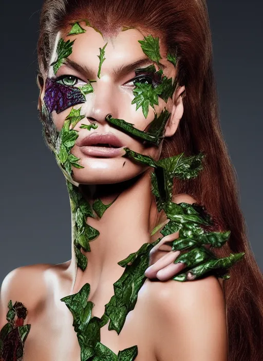 Image similar to A beautiful portrait of Ophelie Guillermand as Poison Ivy from Batman as a Versace fashion model Spring/Summer 2012, highly detailed, in the style of cinematic, Getty images, Milan fashion week backstage, Makeup by Pat McGrath, Greg rutkowski