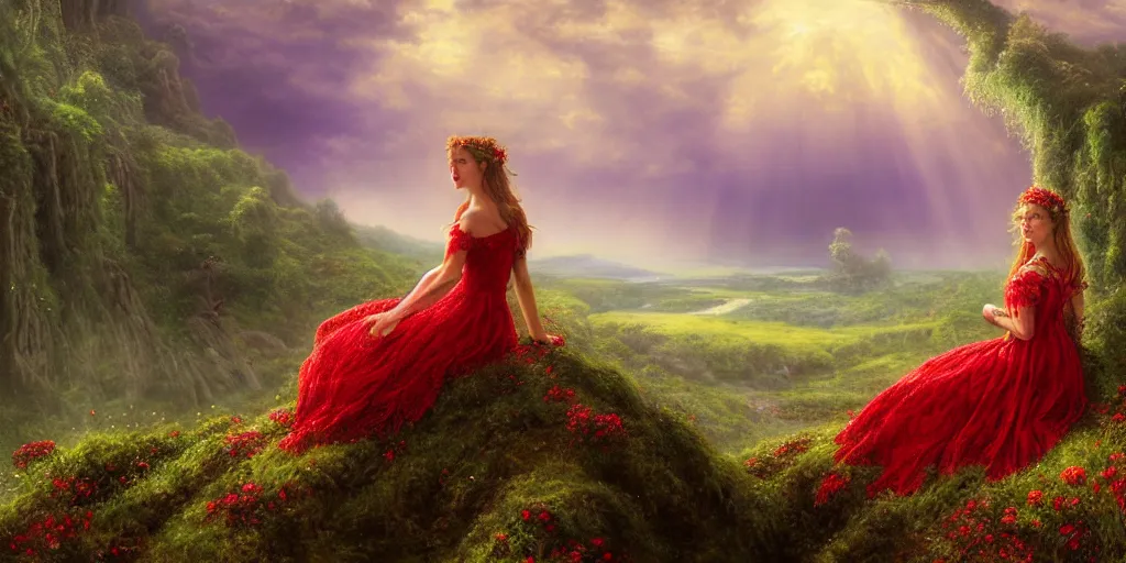 Image similar to an elegant fairy queen in a red lace dress sitting and looking out at a lord of the rings scenery landscape, vast lush valley flowers and giant mushroom structures, river, sunrise, god's rays highly detailed, vivid colour, soft clouds, floral sunset, cinematic lighting, perfect composition, 8 k, gustave dore, derek zabrocki, greg rutkowski, belsinski