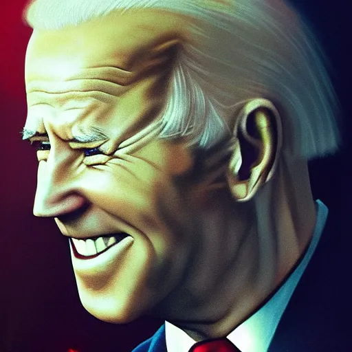 Image similar to joe biden smiling with blood in his face while behind him the world is burning, dramatic lighting, cinematic, establishing shot, extremly high detail, photorealistic, cinematic lighting, artstation, style by James Gurney