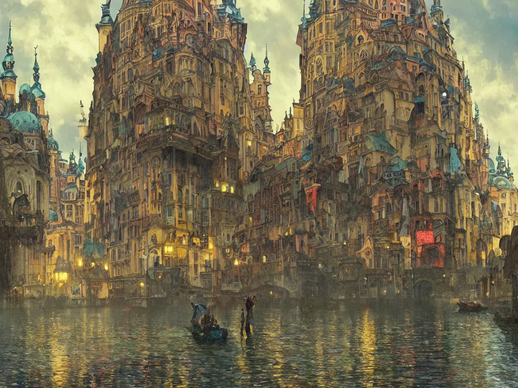 Image similar to a view from the river a city resembling prague, paris, and venice after a rain with a rainbow, intricate, elegant, highly detailed, digital painting, artstation, concept art, smooth, sharp focus, colored illustration for tattoo, art by krenz cushart and artem demura and alphonse mucha,