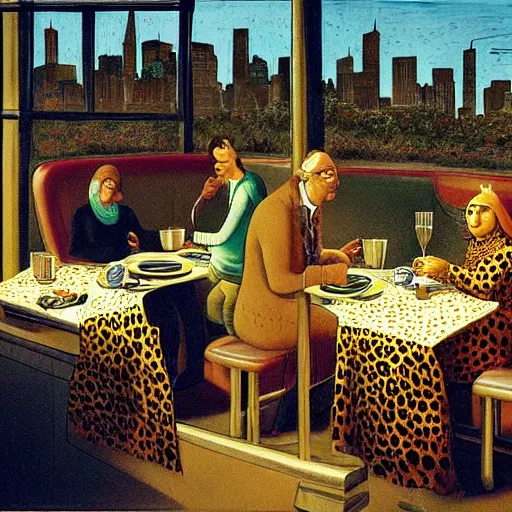 Prompt: The land art shows four people sitting in a diner late at night. The people in the land art look tired and lonely. The land art is set in New York City and shows the city's skyline in the background. cheetah print by Frederick Sandys, by Andreas Franke ghastly