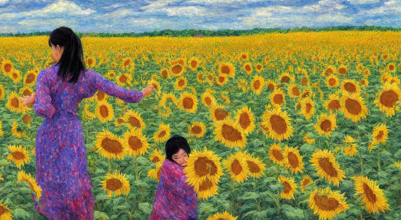 Prompt: impressionist style painting of asian woman crying with hands on broken back, field of sunflowers, overcast weather