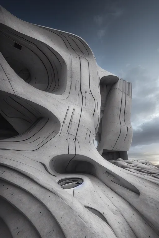 Image similar to sci - fi concrete brutalist architecture in white pocket utah, zaha hadid, beksinski, photoreal, highly detailed, 8 k, hd, vray, artstation, trending on behance, cinematic matte painting, extreme detail photo quality, sunrays, sunset, featured on behance