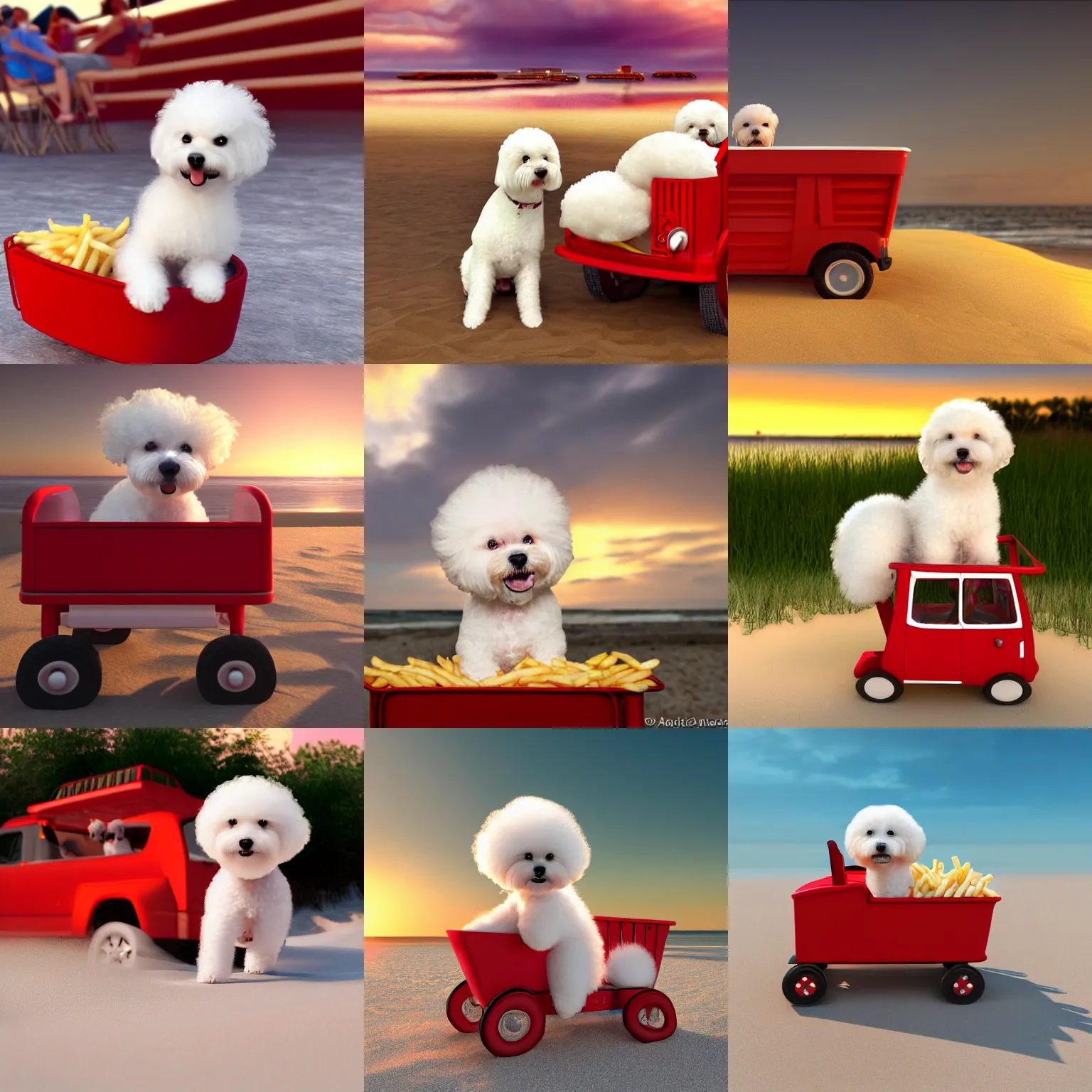 Prompt: a photorealistic photograph of a smiling white Bichon Frisé puppy riding in red wagon, overflowing french fries during sunset at the beach Trending on Artstation, featured on Behance, well-rendered, Unreal Engine, 4K HD