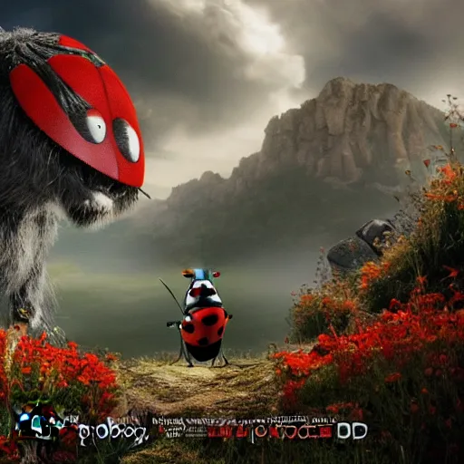 Prompt: promotional movie still, ladybugs, ladybug quadruped with big piercing eyes, ladybug hobbits, ladybug robots, space western, the fellowship of the ring ( film ), 3 d render