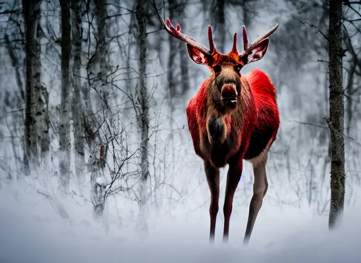 Prompt: an award winning photo of a zombie moose with glowing red eyes, full body portrait, evening in the forest, 4 k, wildlife photography, high quality, national geographic