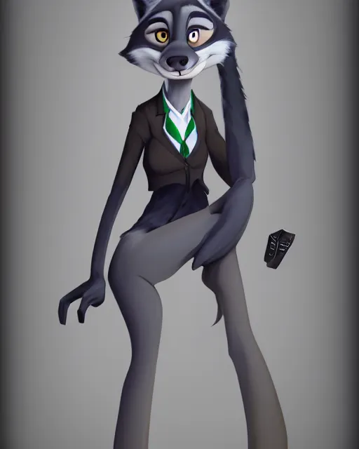 Prompt: digital painting full body of anthromorphic furry female wolf, in style of zootopia, female fursona, furry, furaffinity, 4 k, artstation furry, deviantart, furry art, fursona art, wearing black business suit, wearing black business suit, wolf fursona, female, very expressive detailed feminine face,