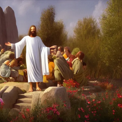 Prompt: A painting depicting the resurrection of Jesus Christ, (Jean Jules Linden), Peter Ilsted, ((flowers)), ((monolith)), ((((Unreal Engine)))), Religious painting