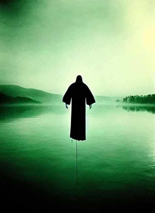 Image similar to “pepe the frog vertically hovering above misty lake waters in jesus christ pose, low angle, long cinematic shot by Andrei Tarkovsky, paranormal, eerie, mystical”