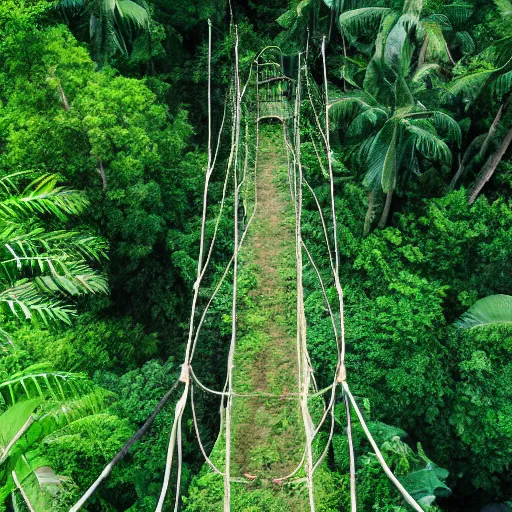 Prompt: Rope bridge in a lush jungle, from above