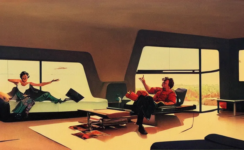 Image similar to a futuristic minimalist lounge room with a big window opening up to a wide open meadow with billowing clouds in the sky. highly detailed science fiction painting by norman rockwell, frank frazetta, and syd mead. rich colors, high contrast, gloomy atmosphere. trending on artstation.