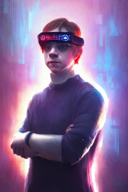 Image similar to portrait of Rupert Grint as Ron Wisly with visor in cyberpunk, neon lighting, night city, digital art from artstation by Ruan Jia and Mandy Jurgens and Artgerm and william-adolphe bouguereau and Greg Rutkowski