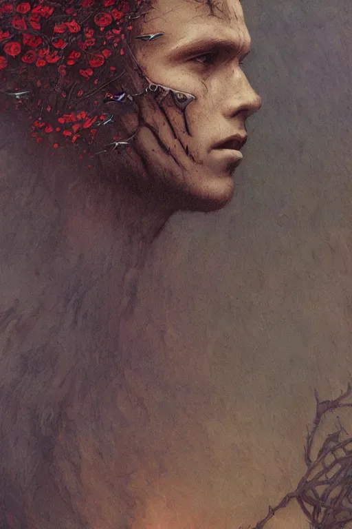 Image similar to portrait of beautiful gothic young man, thunderstorm, cyber armor, a lot of scars, more and more flowers, red head, the middle ages, highly detailed, artstation, illustration, art by jean delville, 8 k quality, art by greg gandy