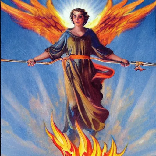 Image similar to propaganda piece featuring an angel holding a flaming sword, flying in the sky, health, strength, confidence, hyper - realistic